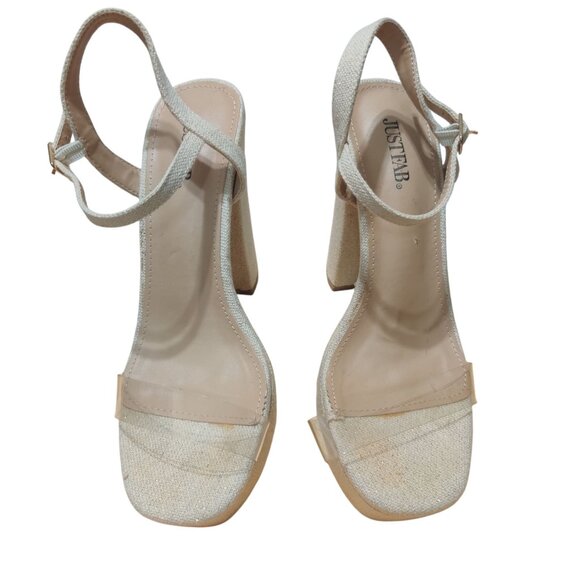 JustFab 8 Platform Block Heel Clear Strap Sandals Gold Glitter Linen Bridal Chic - Picture 8 of 10